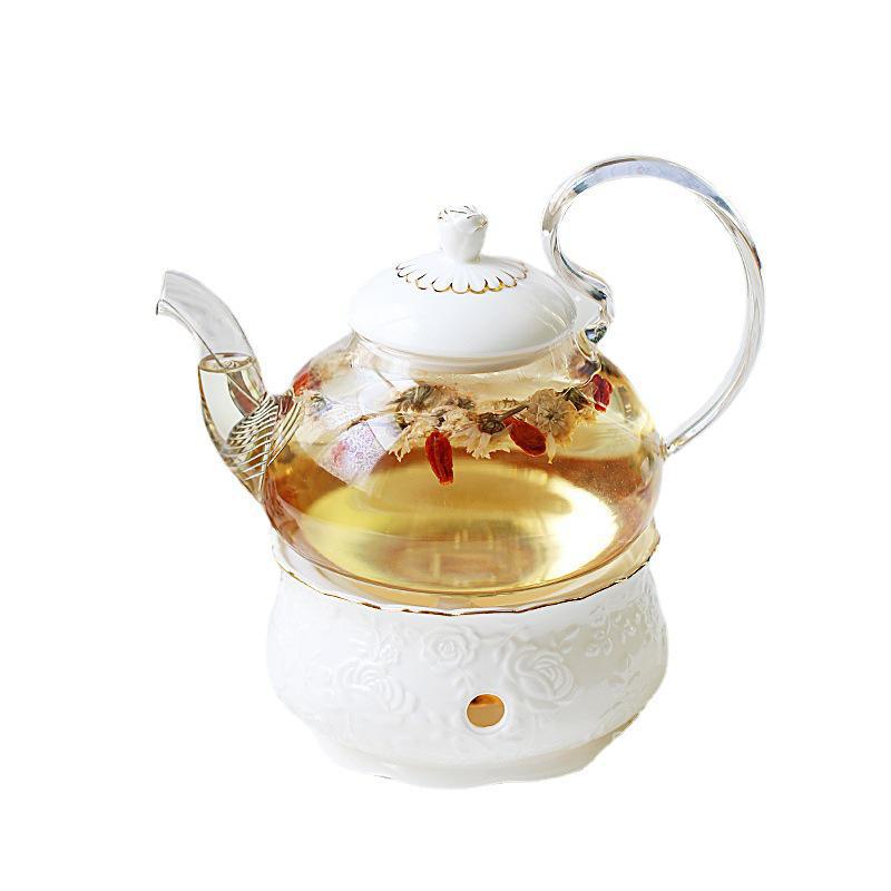 English Light Luxury Floral Teapot Set with Candle Heating Base - Heat-Resistant Glass for Afternoon Tea