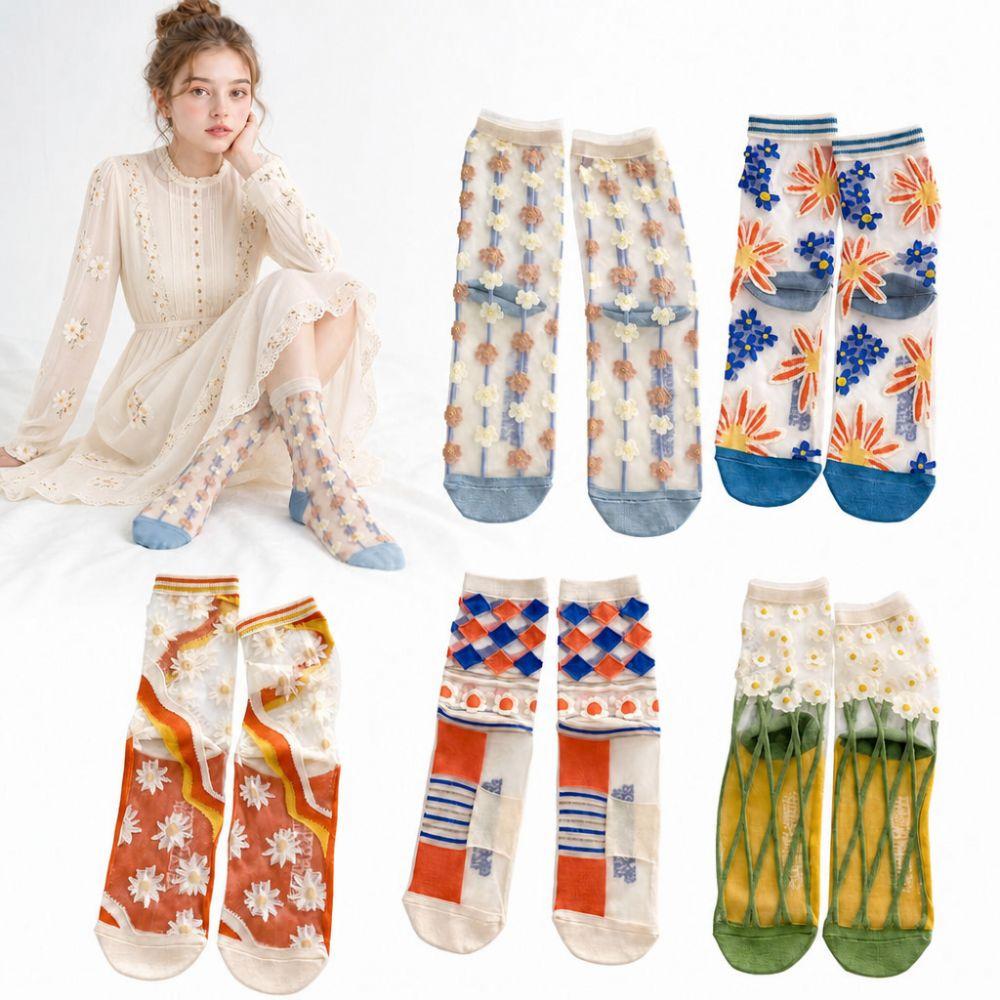 Sweet Floral Print Mid-calf Socks Ultra-Thin Crystal Silk Socks Casual Wear