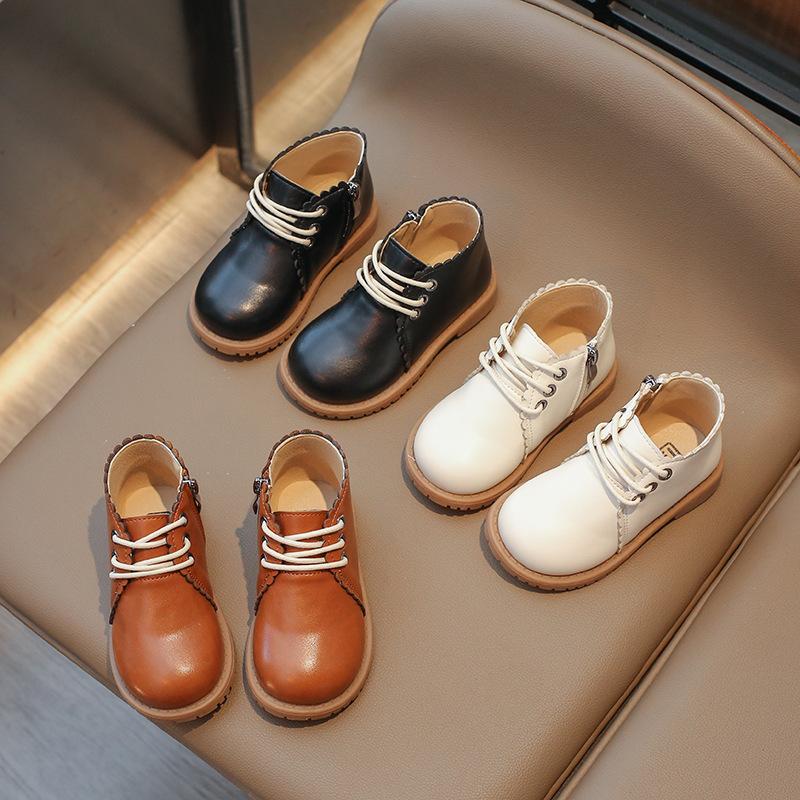 Ботинки из кожи для девочек, весна-осень, детские ботильоны для девочек, резиновые сапоги со шнуровкой и боковой молнией, размер 21-30