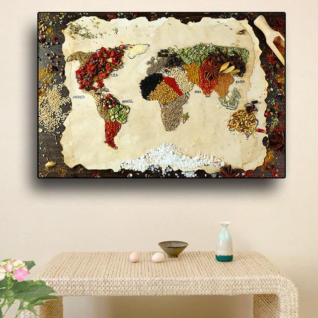 Grains Spices World Map Kitchen Canvas Painting Abstract Still Life Posters and Prints Pictures Living Room Home Decor No Frame