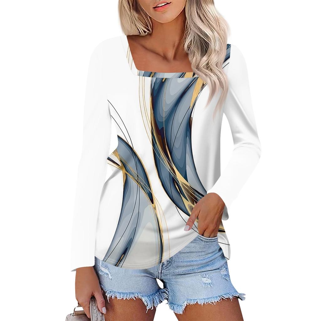 Рубашка для женщин, модная повседневная свободная футболка с квадратным вырезом и длинным рукавом с принтом, женский топ