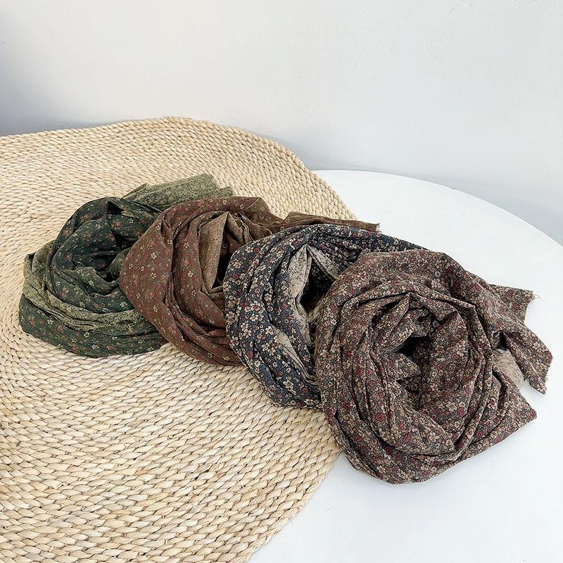 Retro Floral Long Cotton Scarf Soft Neck Protection Warm Triangle Shawl Head Wrap Multi-Functional Print Design for All Ages