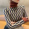 Turtleneck Color Matching Stripes Patchwork Pullover Sweater Women's Autumn and Winter Knit Base Sweater Women's Inner Top