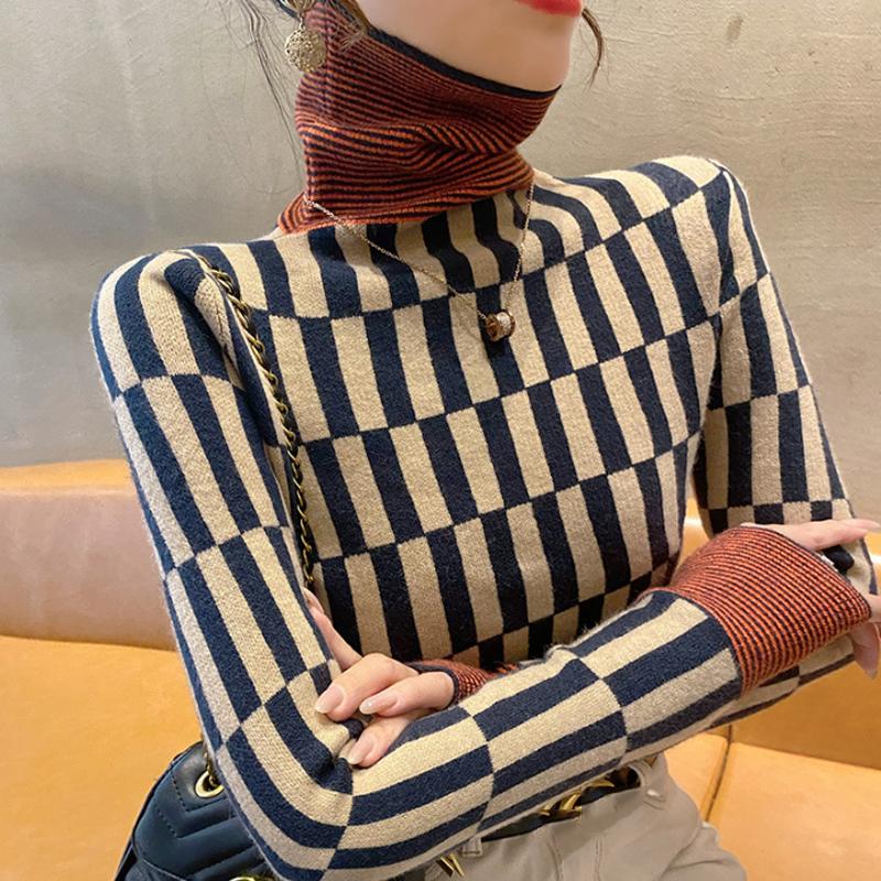 Водолазка с подобранными по цвету полосками, пуловер в стиле пэчворк, женский свитер на осень и зиму, трикотажный базовый свитер, женский внутренний топ