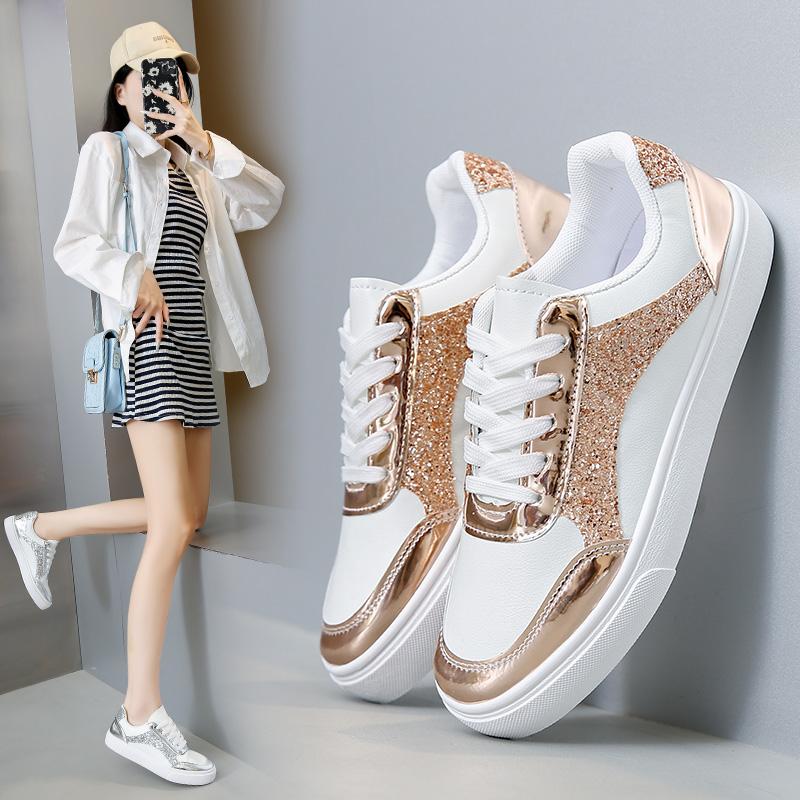 Women Sequin Casual Walking Shoes Autumn Flat Lace Up High Quality Sneakers Fashion Flat-Bottomed Female Sneakers D385