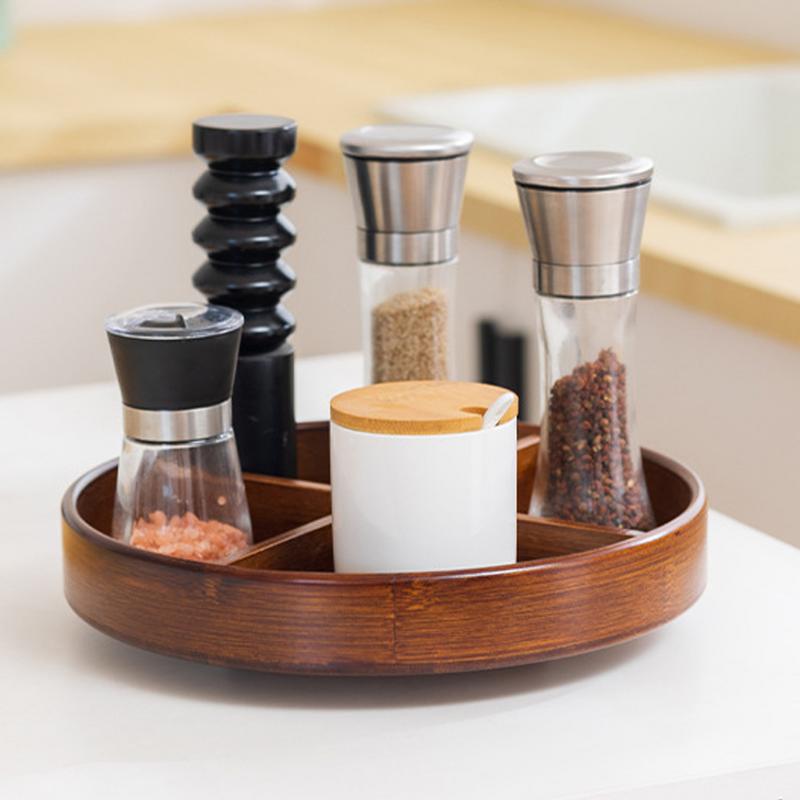 12-дюймовый круглый сервировочный поднос «Ленивая Сьюзен» из дерева акации, 4 секции, деревянные разделители, ручки для переноски, деревянный вращающийся органайзер