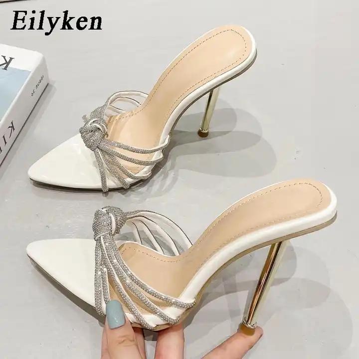 Eilyken Женские шлепанцы на высоком каблуке, летние модные шлепанцы с узким ремешком и острым носком, вечерние сандалии-мулы для зачистки вечеринок