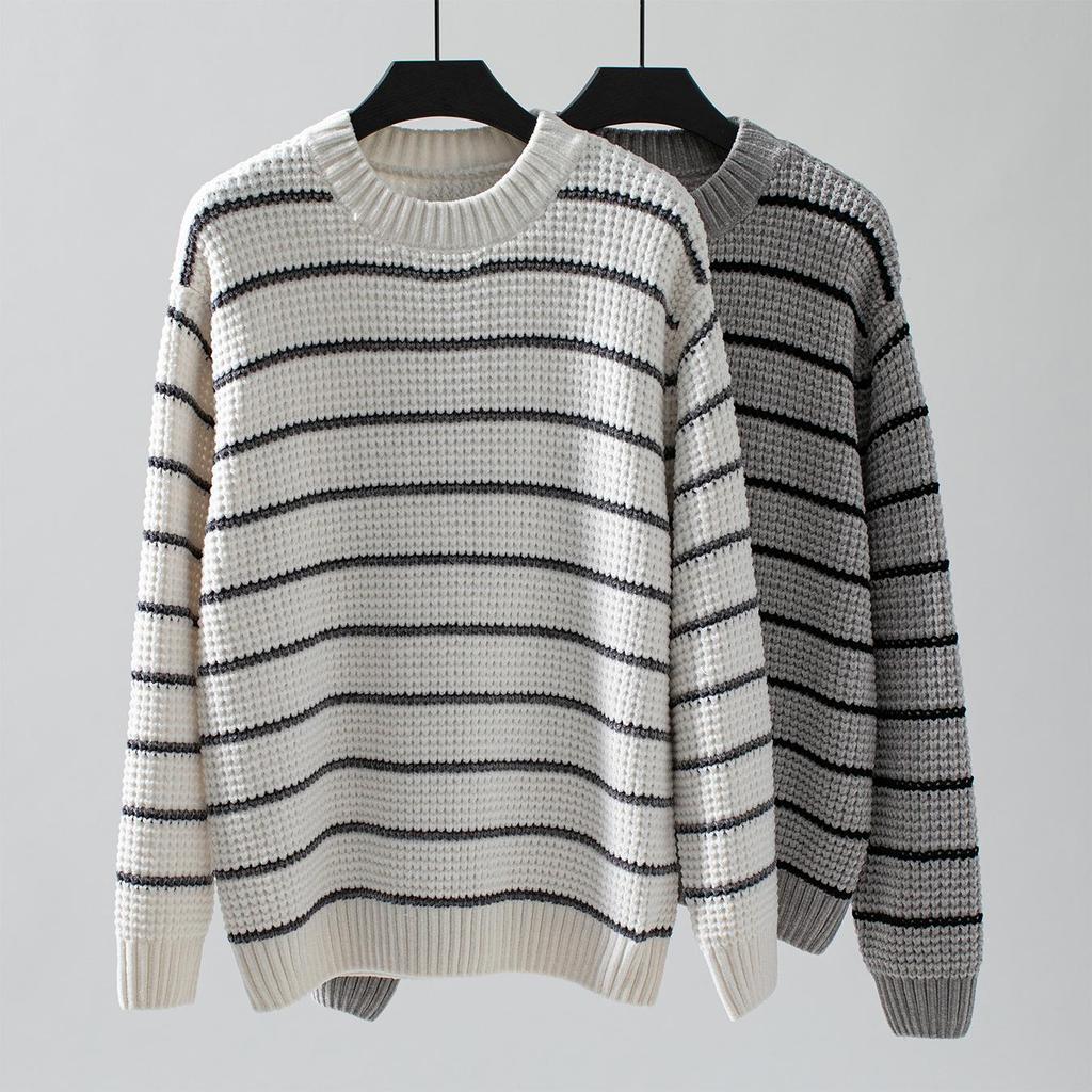 Винтажный полосатый кардиган трикотаж длинный рукав свободный свитер круглый вырез осенне-зимний топ