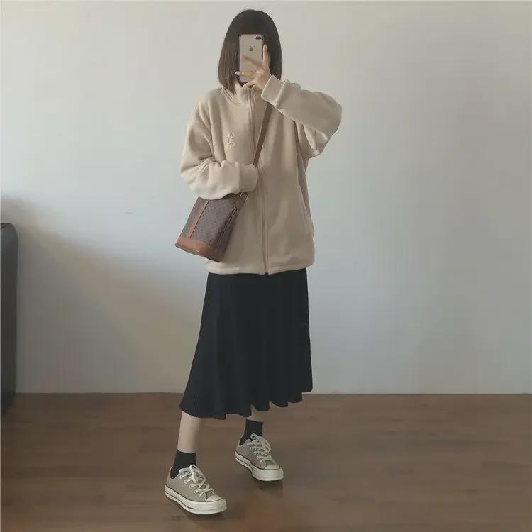 Гигантский теплый бархатный вышитый кардиган с высоким воротником на молнии: Утолщенная женская флисовая куртка Polar