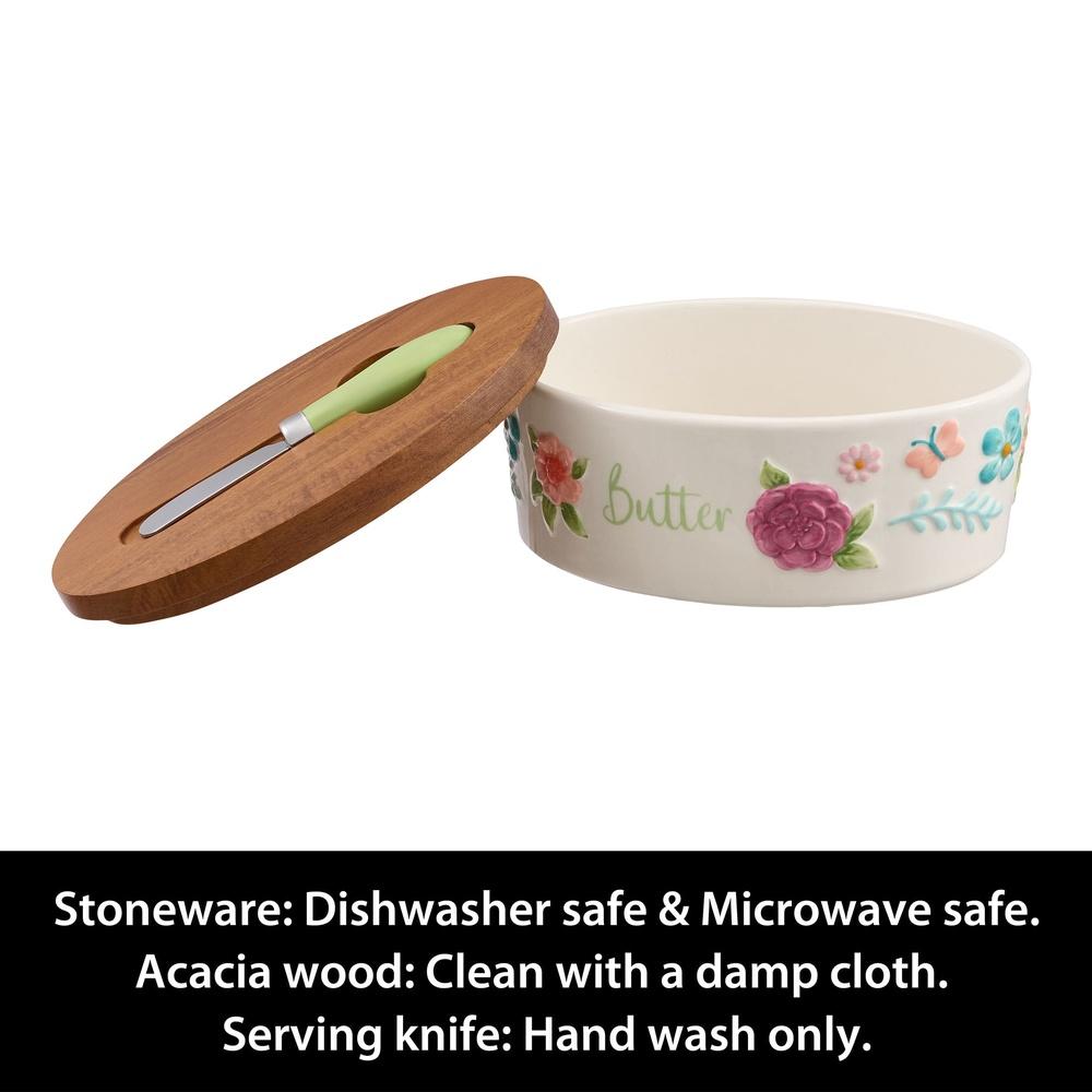 Набор масленок Painted Meadow Крышка из акации Металлический сервировочный нож Цветочный рельефный каменный фарфор Хранение масла Ручная работа Кухня