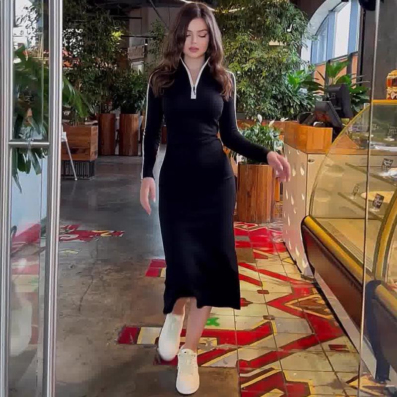 Европейское и американское женское платье бодикон с V-образным вырезом и длинным рукавом - Удобное, Повседневное, Стройнящее