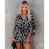 Women Printed Batwing Sleeve V Neck Loose Collect Waist Bandage Jumpsuit