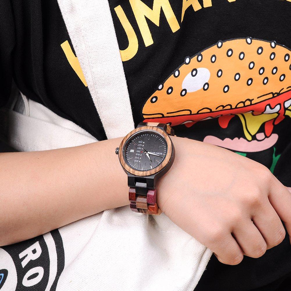 Деревянные часы BOBO BIRD Красочные деревянные часы с дисплеем даты и дня Многофункциональные кварцевые часы ручной работы Спортивный хронограф Уникальные женские