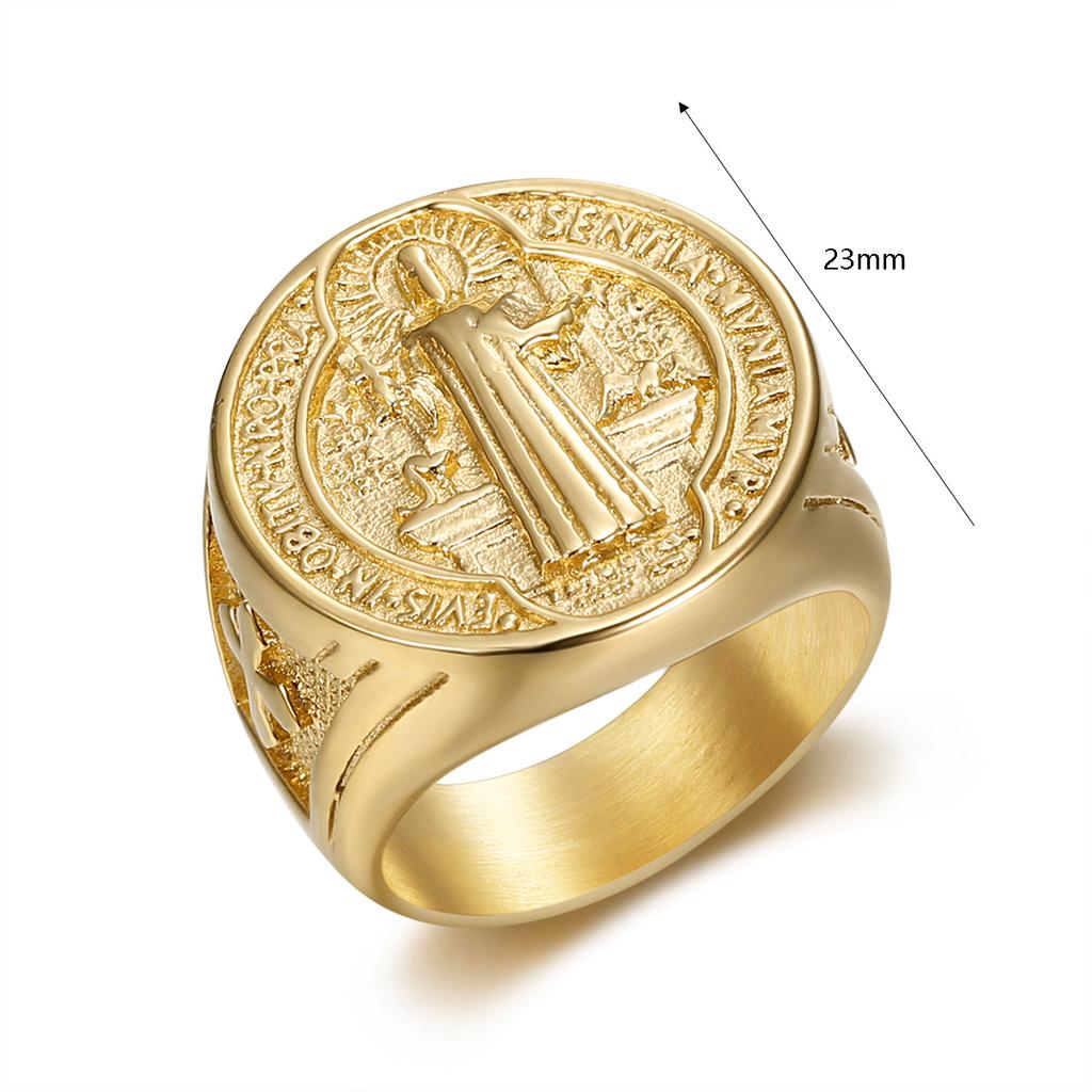 Хип-хоп позолоченный St. Кольцо из титановой стали Benedict для мужчин, модные религиозные украшения