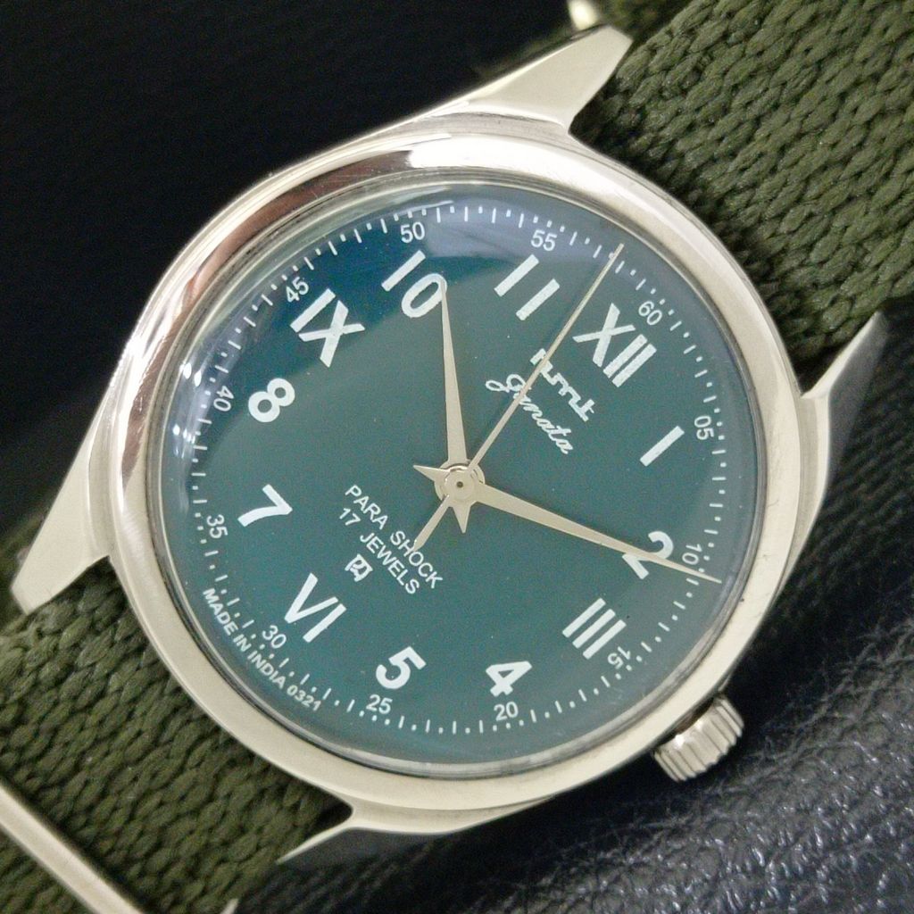HAND-WINDING VINTAGE HMT JANATA INDIAN MENS GREEN COLOR DIAL WATCH A700090-5 R201-a700090