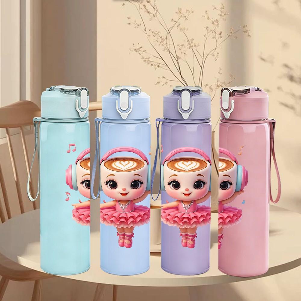 1PC Cute Doll Girl Character Pattern 750ml Color Plastic Sports Water Bottle Leakproof Flip Straw Lid Suitable for Sports Office Home Use