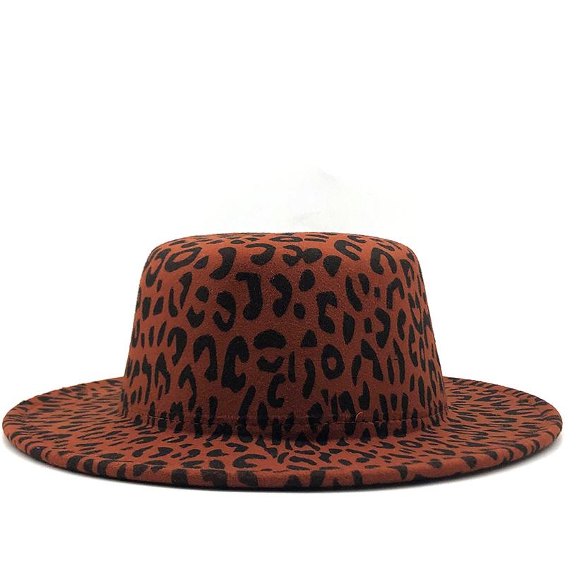Новая шерстяная фетровая шляпа Fedora с плоским верхом и широкими полями, с леопардовым принтом для женщин, осенне-зимняя кепка-каноте, джазовая кепка с черной лентой