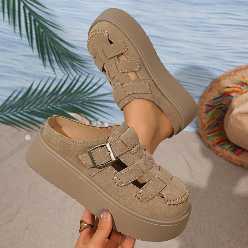 Летние водонепроницаемые тапочки для стола женские с круглым носком, глубоким вырезом, металлической пряжкой, нескользящие, износостойкие плоские сандалии