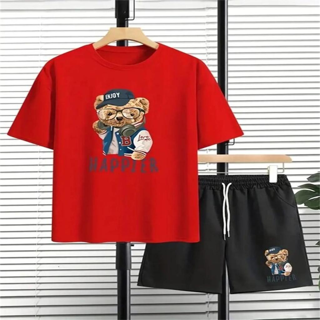 Мужской комплект одежды из 2 предметов с крутым медвежьим принтом, повседневная футболка и свободные шорты на шнуровке, летняя футболка для мужчин