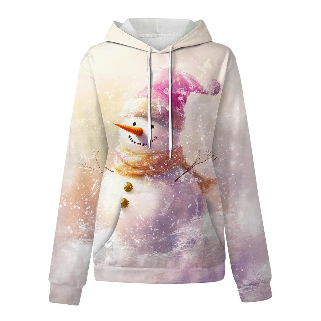 Женская повседневная свободная толстовка с капюшоном и длинным рукавом с рождественским принтом на завязках