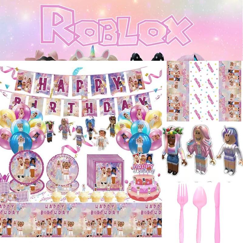 Pink Girl Gaming Theme Kids Birthday Party Tableware Set Roblox Girl Decorations Supplies