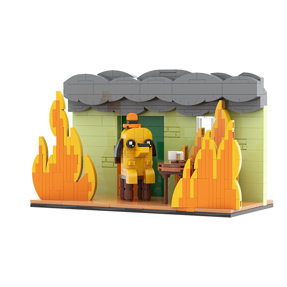 Gobricks MOC Мем This Is Fine Виньетка Набор кубиков Аниме Мультфильм Гончая Огненный Стул Комические Животные Креативность Подарок