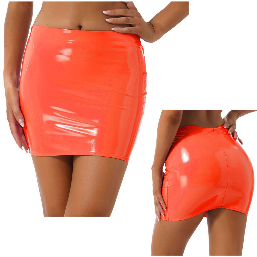 Women Sexy Skirts Glossy Patent Leather Miniskirt Solid Color Elastic Waistband Pencil Skirt Shiny Wet Look Latex Skirt Clubwear