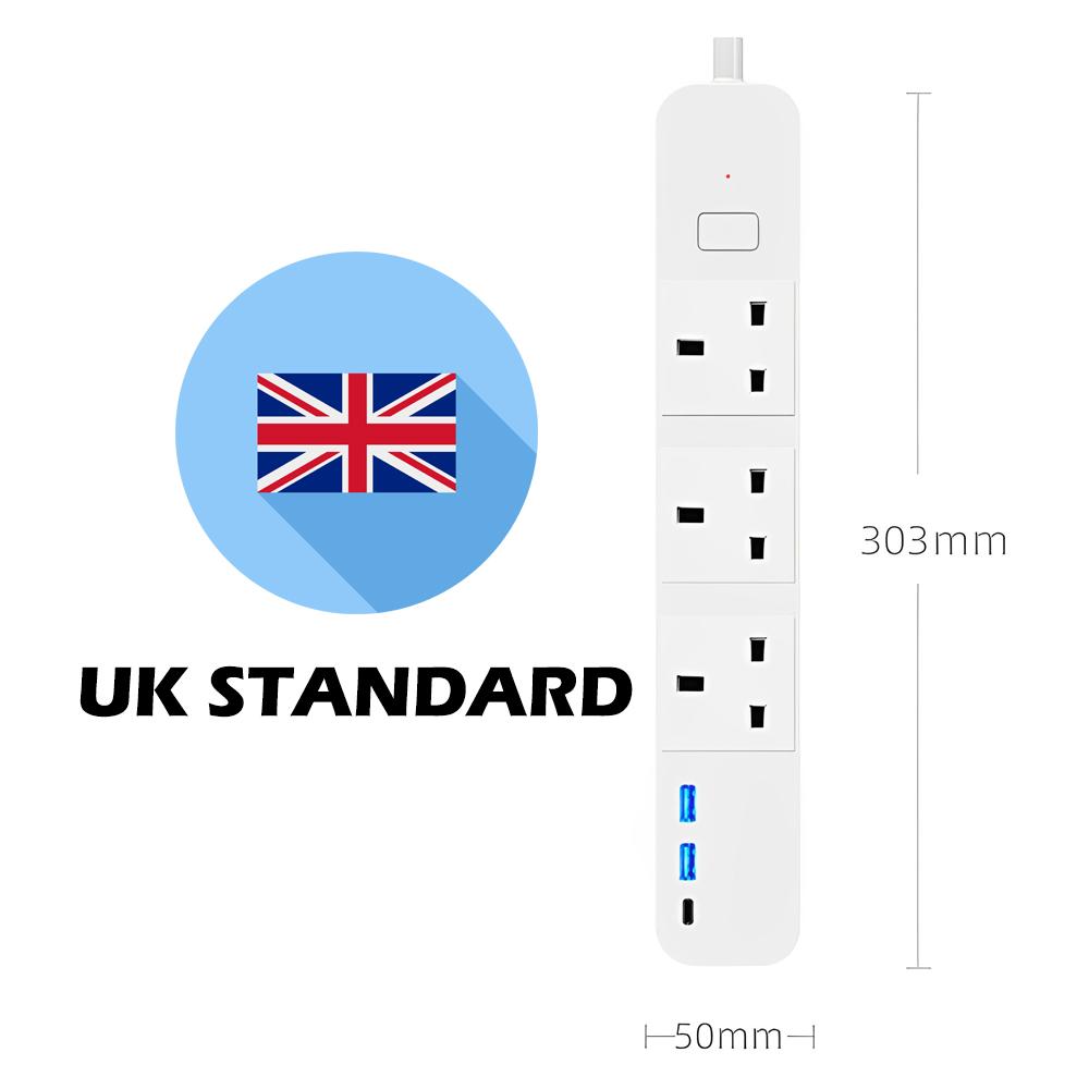 UK Tuya WiFi Smart Power Strip Удлинитель Розетка Вилка 2 USB порта 1 Type-C Пульт дистанционного управления Работает с Google Home Alexa Dot Office