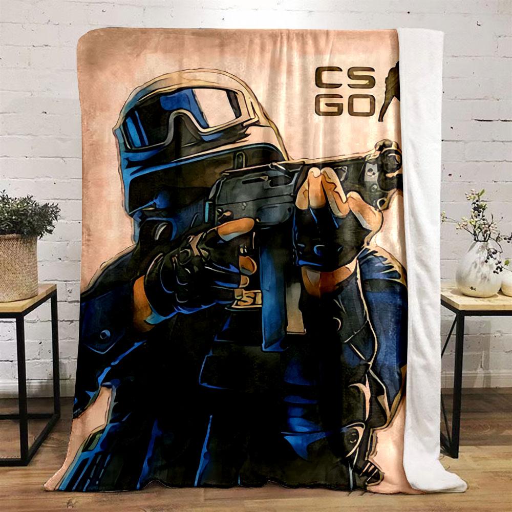 Illustration of a tactical figure aiming a weapon, with "CS GO" emblem nearby. for all seasons blanket lunch break throw gift