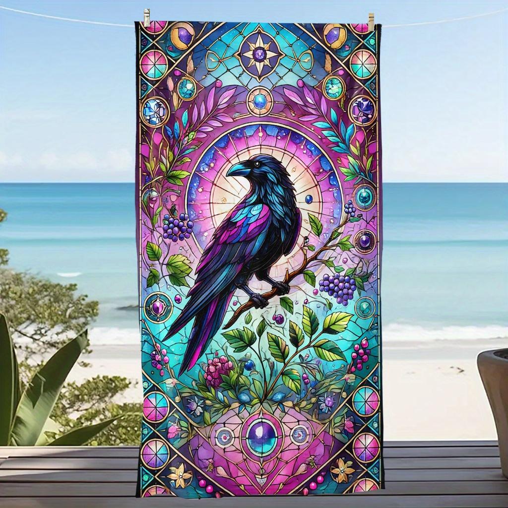 Mystical Raven Stained Glass Beach Towel, Jewel Tones Crow Design Quick-Dry Sand-Free Bath Towel for Pool and Vacation