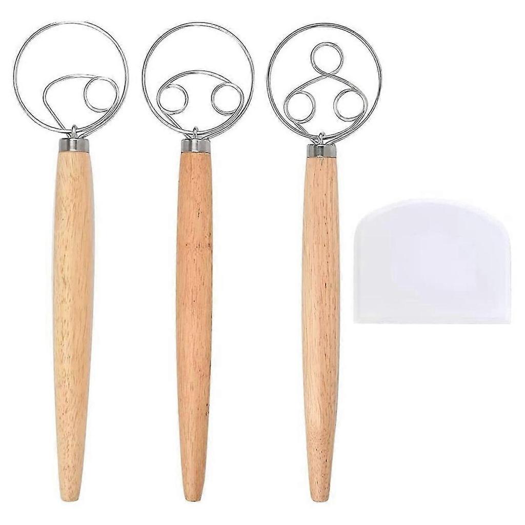 3 Pack Danish Dough Whisk Bread Mixer,Dutch Whisk with Dough Scraper for Bread,Pastry or Pizza Dough,Sourdough Bread,Etc