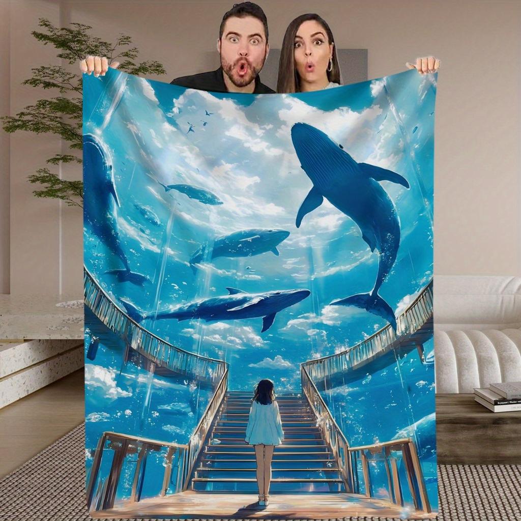 1pc Whale & Girl Throw Blanket - Soft Flannel All-Season Lightweight Bedspread, for Home, Travel, Camping, Office - Modern Marin