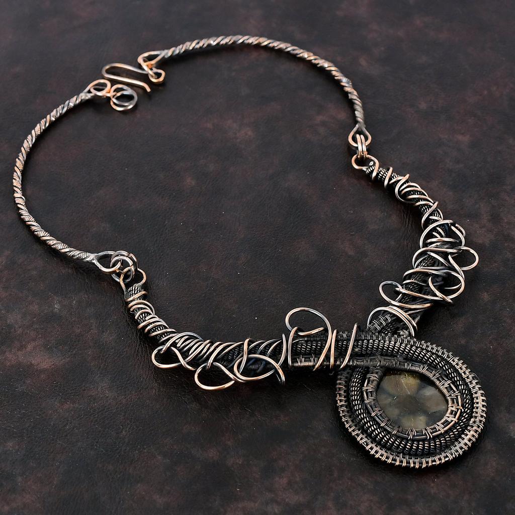 Ожерелье из хиастолита, обернутое медной проволокой, ювелирные изделия из драгоценных камней, регулируемое ожерелье, ручная работа, медные украшения, подарок для женщин, изящные ювелирные изделия