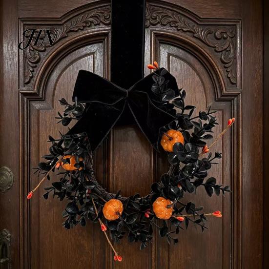 Black Branch Wreath Halloween for Front Door, 9 Inch Pumpkin with Party Decor Velvet Bow Home Porch Holiday Window Wall Fireplace