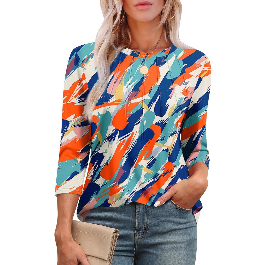 Женская модная футболка с круглым вырезом и рукавом 3/4 с принтом, повседневная, базовая, плиссированная, пуловер