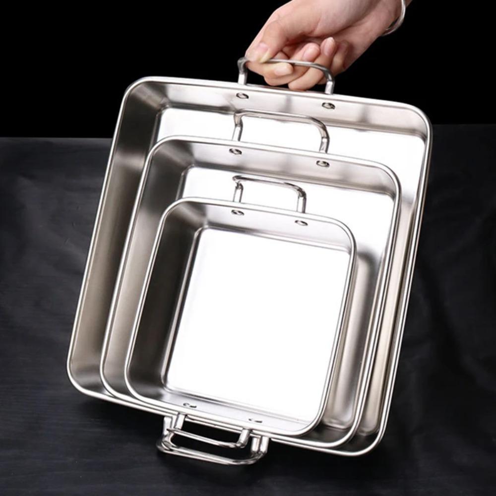 Stainless Steel Square Food Serving Trays Binaural Handle BBQ Plate Snack Dishes Vegetable