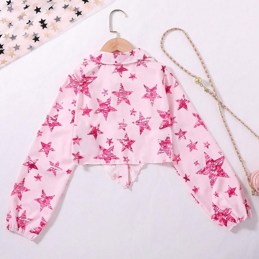 Новая блузка для девочек, весна 2024, розовая рубашка с длинными рукавами и принтом звезд для девочек
