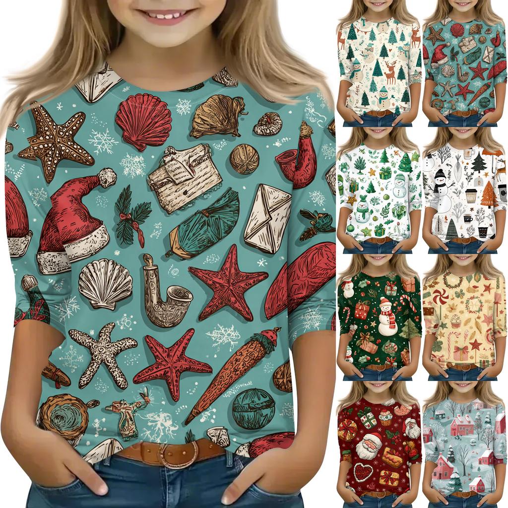 Children's 3/4 Sleeve Round Neck Top Christmas Tree Printed Everyday Casual Top