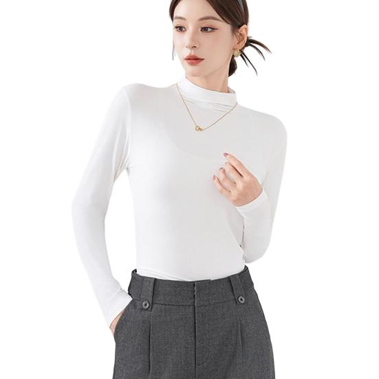 Women Bottoming Tops Half High Collar Long Sleeve Solid Color Slim Fit