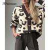 Hirsionsan Soft Knitted Leopard Cardigan Women 2023 Autumn New V Neck Y2k Crop Female Sweater Oversized Warm Ladies Clothes