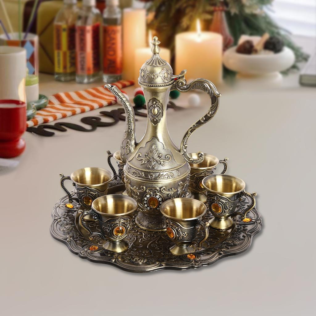 Bronze Tea Set, 1 Pot & 6 Cups with Tray, Retro Style Copper Tea Service for Home & Kitchen, Classic Coffee Pot and Teacup Set