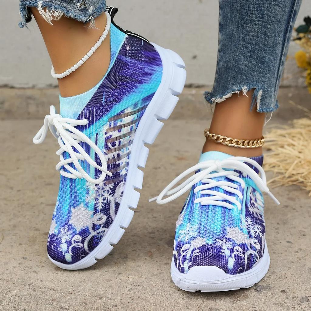 Модные женские кроссовки с принтом и вязанием, осенние новые дышащие сетчатые кроссовки для бега, женские повседневные туфли на плоской подошве, без застежек 20