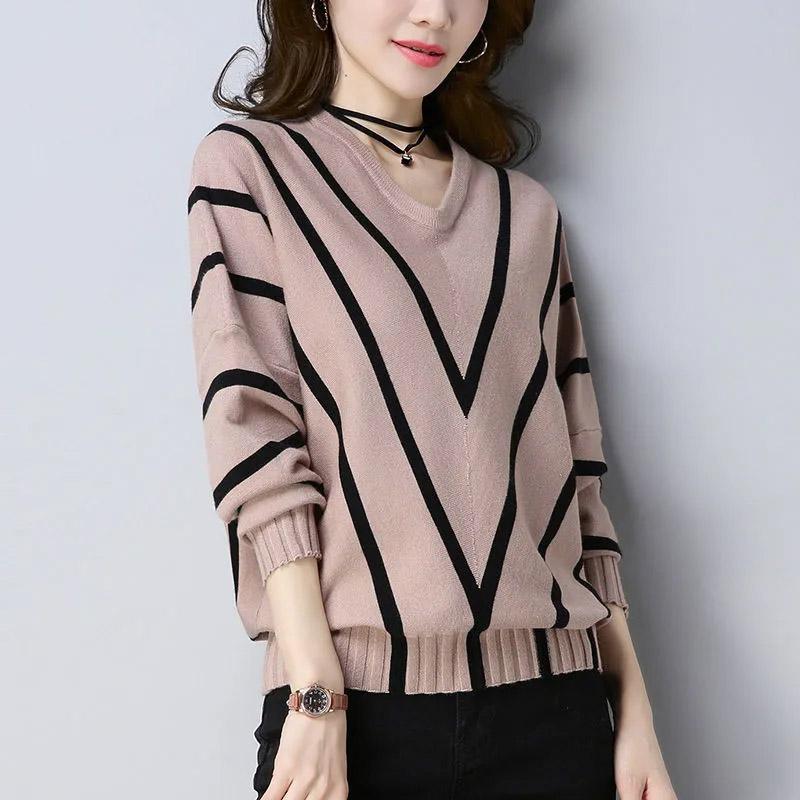 Autumn Bat Shirt Sweater Women's Pullover Loose Korean Style Striped Top Outer Wear Knitted Bottoming Shirt