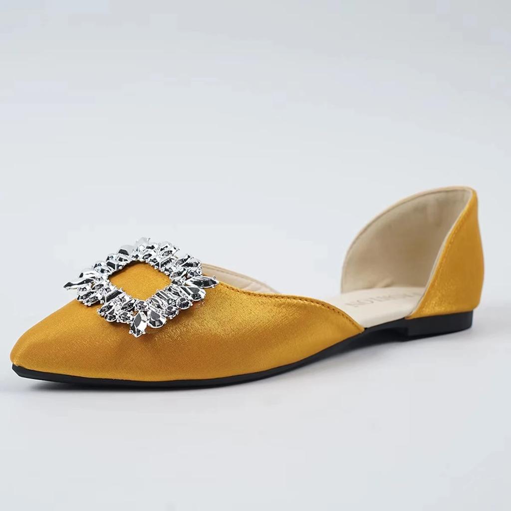 Модная женская обувь 2024 года, лето, новый стиль, острый носок, неглубокий носок, модные однотонные женские туфли без застежек со стразами на плоской подошве