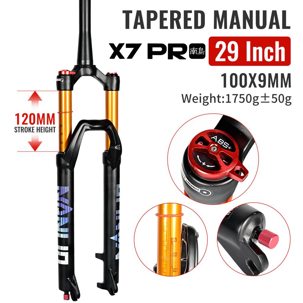 NANLIO X7 PRO Пружинно-воздушная вилка для горного велосипеда 26 27.5 29 дюймов Ход 120 140 мм Регулировка отскока Металлические втулки Черно-золотая вилка для велосипеда
