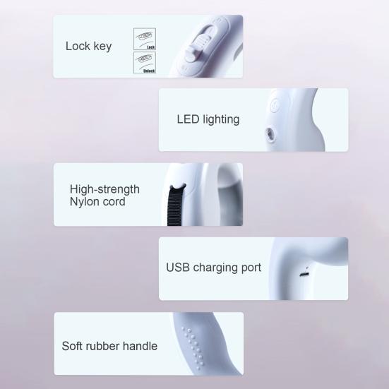 360 Degree Anti-Slip Handle Retractable Small Medium Dog Nylon Leash with LED