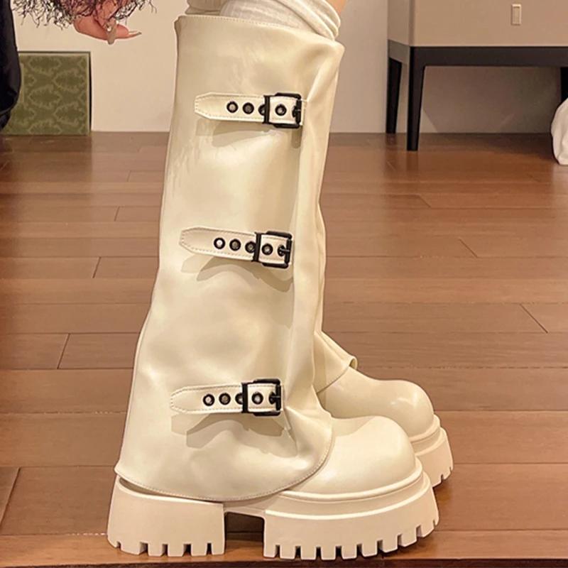 Женские высокие сапоги на платформе, кожаные туфли на плоской подошве, высокие сапоги до колена, женская тенденция 2025 года, зимние модные дизайнерские готические мотоциклетные сапоги Mujer