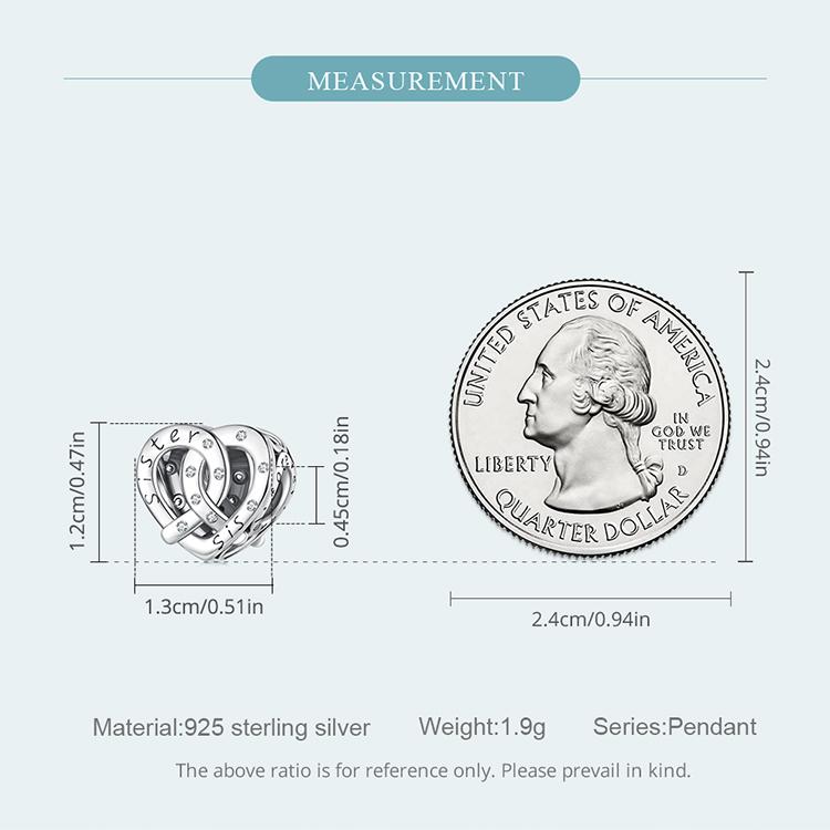 WOSTU 925 Sterling Silver Cubic Zirconia Sister Heart Bead Charms for Women Necklace and Bracelet DIY Jewelry