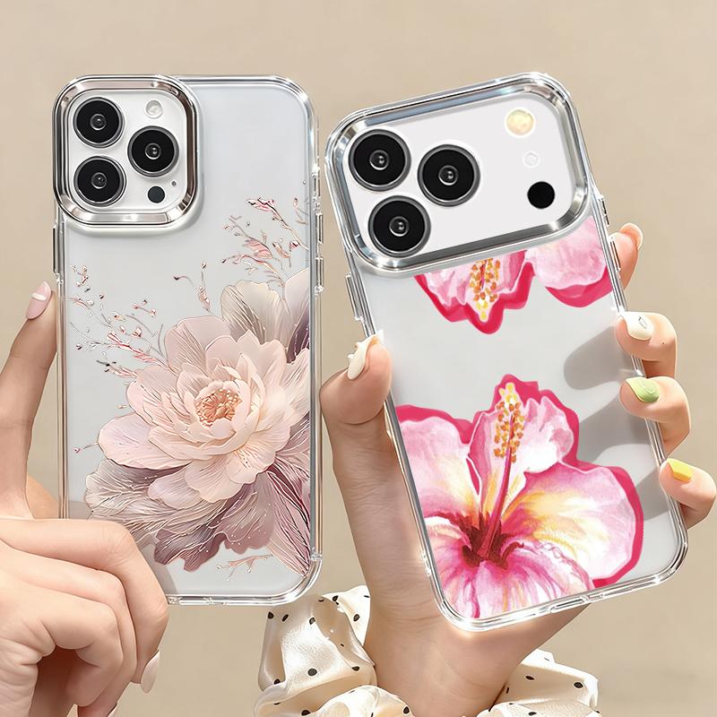 Розовый Цветочный Узор Пион Чехол Для iPhone 17 Pro Max Покрытие Рамки Камеры Прозрачный Мягкий Чехол Для iPhone 16 15 14 13 Pro Max 11 16E 17E
