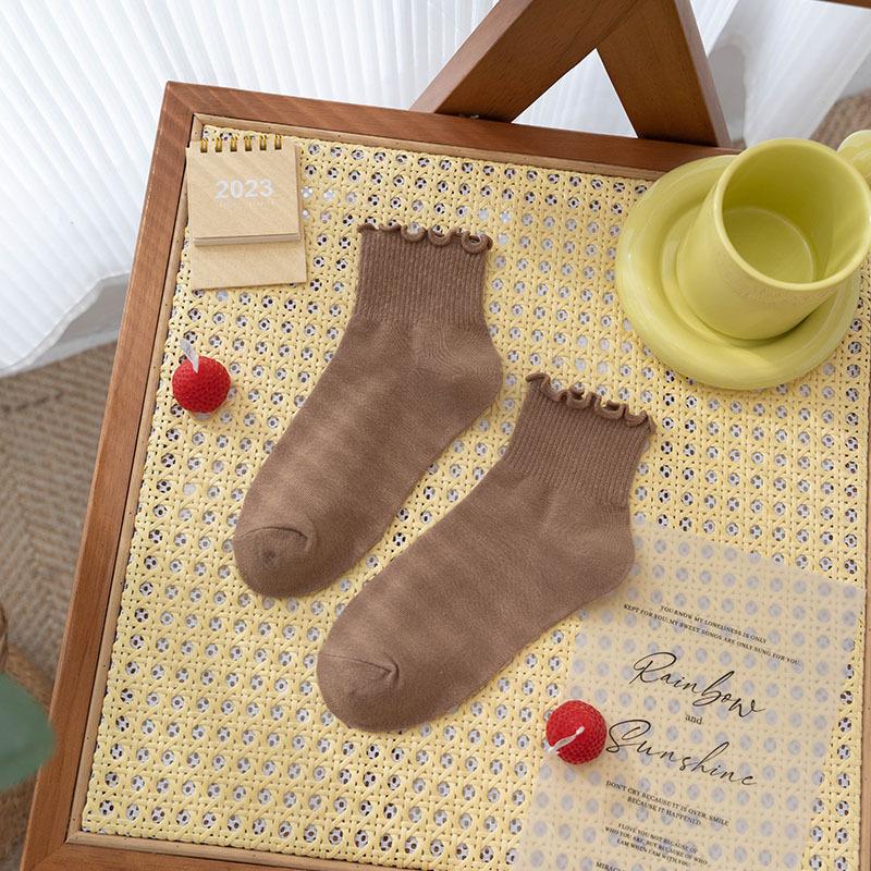 Черные носки с отделкой ушками, женские короткие носки, летние тонкие хлопковые носки, кружевные короткие носки, универсальные однотонные носки на весну и осень